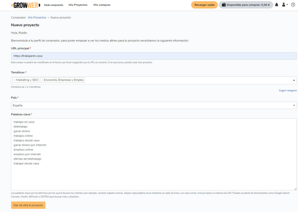 nuevo proyecto growwer